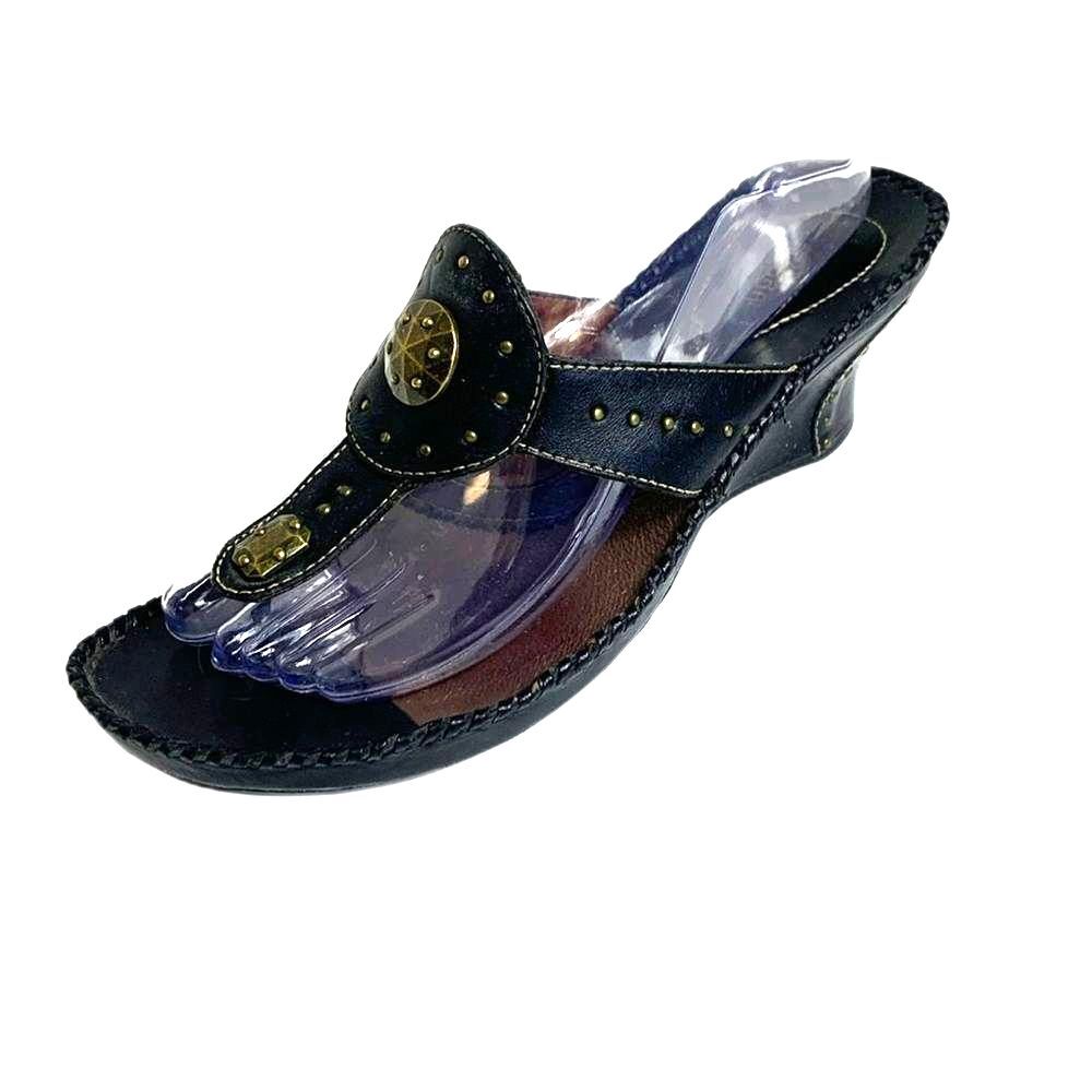 Clarks Artisan Womens Black Leather Studded Toe-Post Wedge Heel Slide Sandals 9M